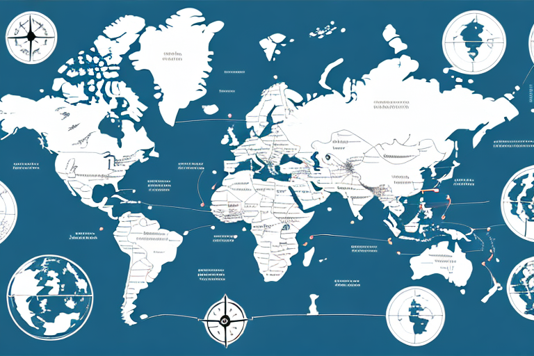 Illustrated world map with white continents on a blue background, featuring labeled paths across oceans for better understanding. Insets show compass roses and additional details of specific regions, highlighting essential shipping zones.

.