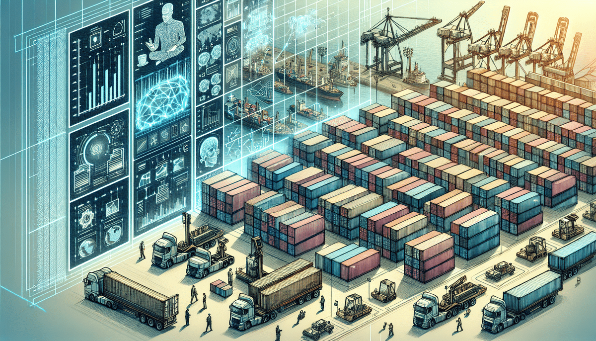 A digital illustration shows a bustling port with shipping containers, cranes, and trucks. In the background, large digital screens display data analytics and futuristic technology concepts, highlighting advanced logistics with CBM measurement for efficient cargo management through AI integration.