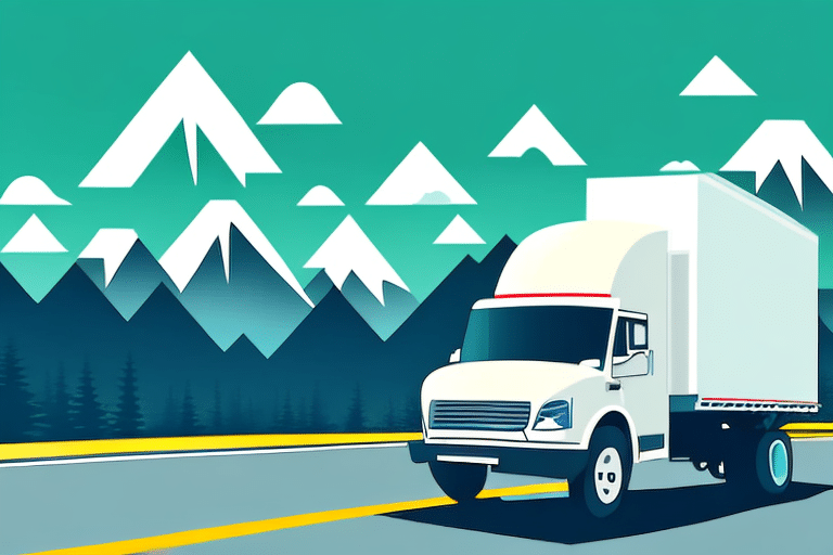 Illustration of a white truck navigating the highway amidst snow-capped mountains, showcasing the benefits of efficient physical distribution. Trees line the road, while a clear sky with stylized clouds completes this picturesque scene.