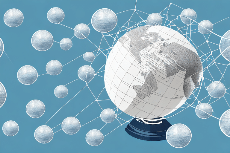 A globe with a network of interconnected spheres surrounding it, set against a blue background, represents the Universal Postal Unions role in fostering global connectivity and understanding. The spheres are linked by lines, symbolizing worldwide communication and the benefits of seamless postal exchange.