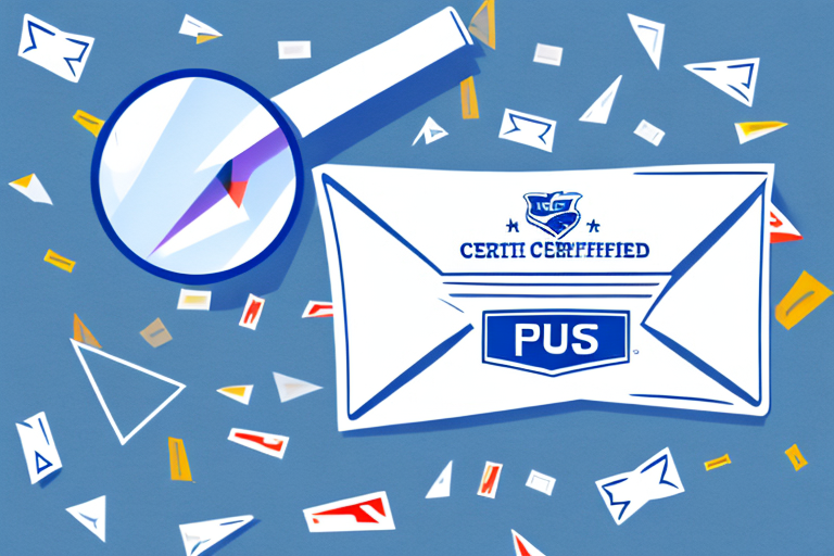 An envelope labeled PUS, featuring a certification stamp akin to USPS Certified Mail, sits next to a magnifying glass. Scattered paper shards lie across the blue background, inviting curiosity and understanding at every intricate detail.