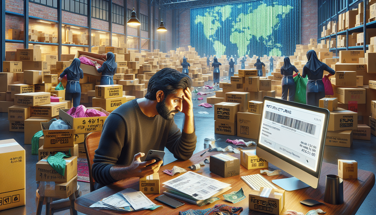 A man sits at a cluttered desk in a bustling e-commerce warehouse filled with boxes and workers sorting clothes. A large map is displayed on the wall. The man looks stressed, surrounded by packages, returns, receipts, and a massive screen showing a shipping label.