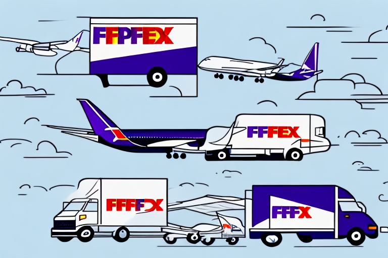 Illustration of various vehicles for the fictional shipping company FFFEX, highlighting its unique culture. Includes trucks and planes with purple, red, and white branding, echoing a commitment to excellence. The background shows clouds drifting across a light blue sky.