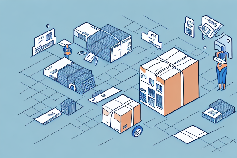 A stylized illustration of a logistics scene with packages and envelopes scattered on a tiled floor highlights the difference between FOB Destination and FOB Shipping Point. Various sizes of boxes, some on wheels, showcase labels and packaging symbols against a blue background.