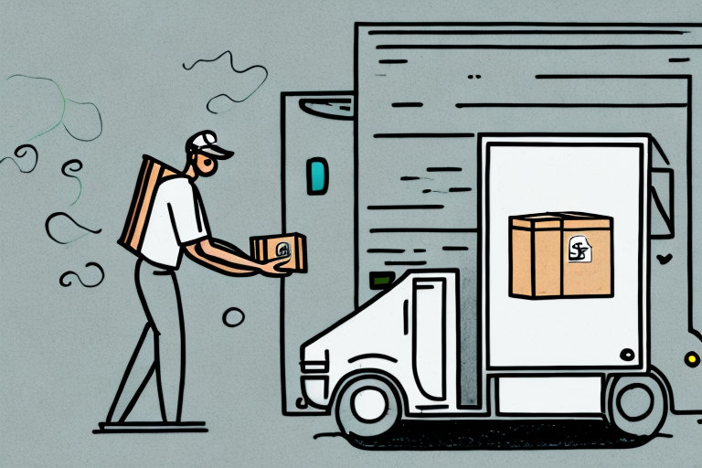 Illustration of a delivery person wearing a cap, placing a small package labeled with a dollar symbol into a truck. The trucks open rear door reveals a larger box inside. The background is gray with abstract smoke shapes, capturing the essence of Out for Delivery status.