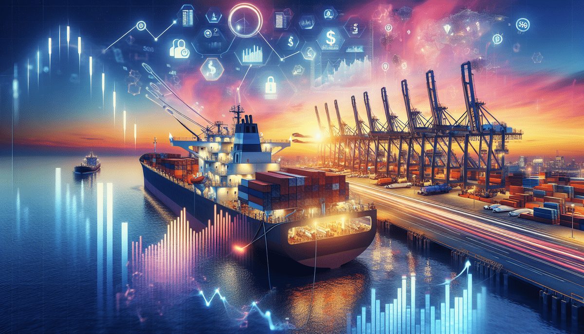 A large cargo ship docked at a bustling port, surrounded by containers and cranes, highlights the impact of data analytics and technology integration in maritime transport. As a vibrant sunset colors the sky, digital icons overlay the scene, revealing insights into shipping costs and fuel surcharge adjustments.