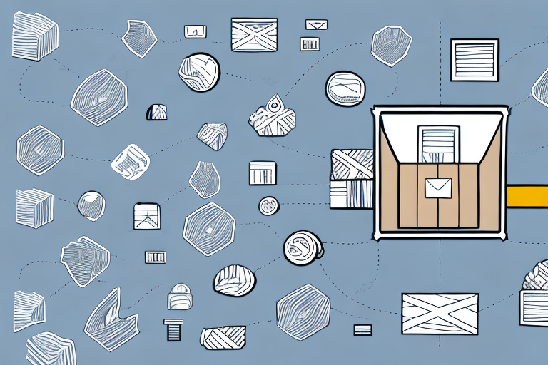 Illustration of a mailbox surrounded by various envelopes and packages, with dotted lines connecting them to symbolize order tracking and delivery within an ecommerce network on a blue background.