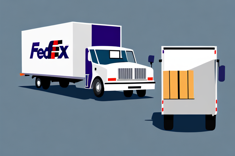 Illustration of two delivery trucks against a gray background. One truck, with a FedEx logo, is facing forward, offering an understanding of seamless logistics. The other truck, in the foreground, faces away with a stack of boxes visible through the back door.