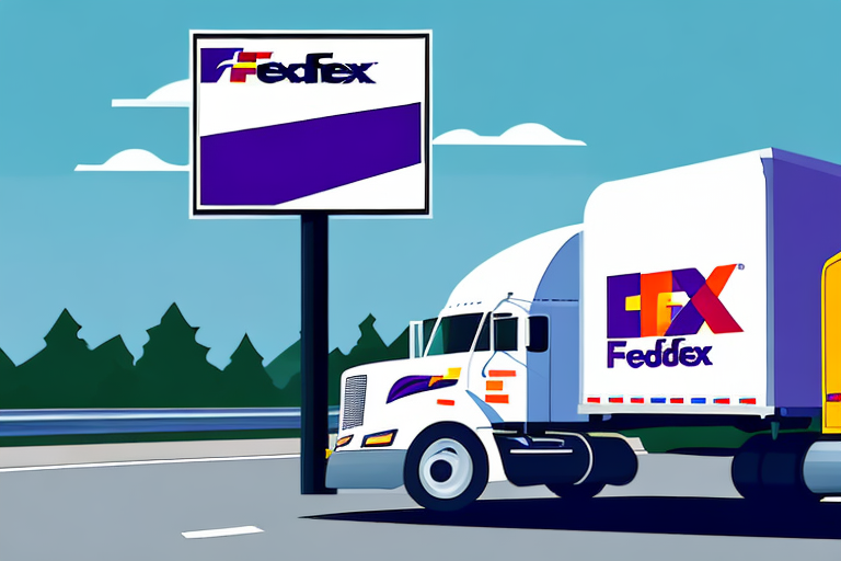 An illustration features a FedEx truck driving on a highway, highlighted by a vibrant FedEx sign in the background. Both showcase a colorful, stylized logo. Lush trees and a clear sky complete the scene, subtly nodding to the impact of the weekly fuel surcharge on logistics.