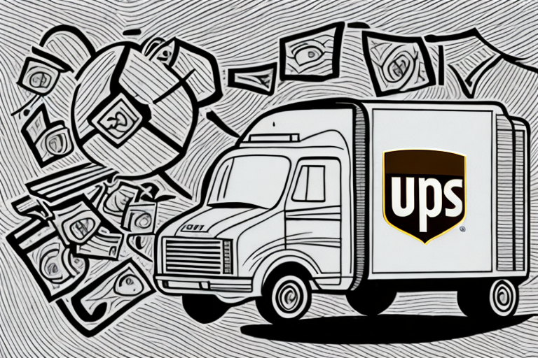 A stylized illustration features a UPS delivery truck on a textured background. Surrounding the truck are swirling envelopes and money, hinting at the efficiency of UPS Overnight Shipping in global delivery and commerce.