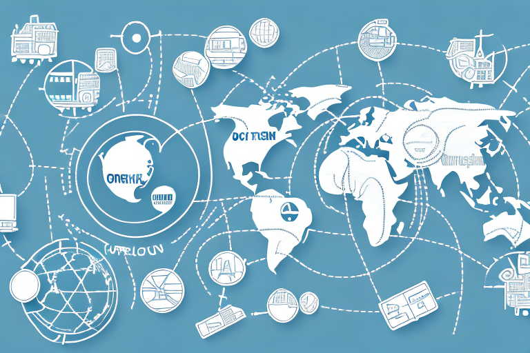 Illustration of a world map with interconnected icons representing technology, communication, and the supply chain, such as computers, satellites, and data streams, on a blue background. Various regions are labeled with stylized text.