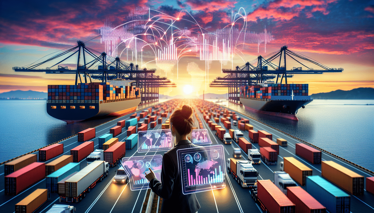 A person stands in a futuristic shipping port, interacting with transparent digital screens. Containers and cranes loom nearby, while two large ships bookend the scene. As the sunset casts a glow, holographic graphs reveal data on TEU metrics, underscoring the heartbeat of global trade.