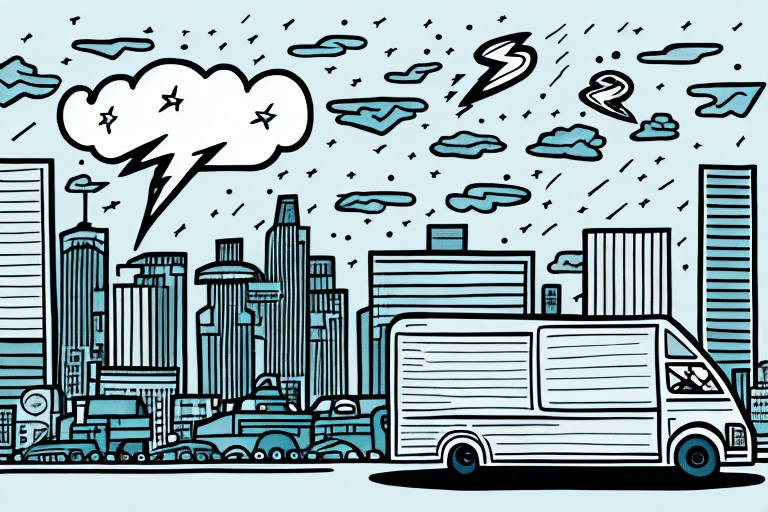 Illustrated cityscape with high-rise buildings under a cloudy sky. A UPS cargo van drives along the street, navigating through thunderbolts and raindrops that convey a stormy atmosphere.