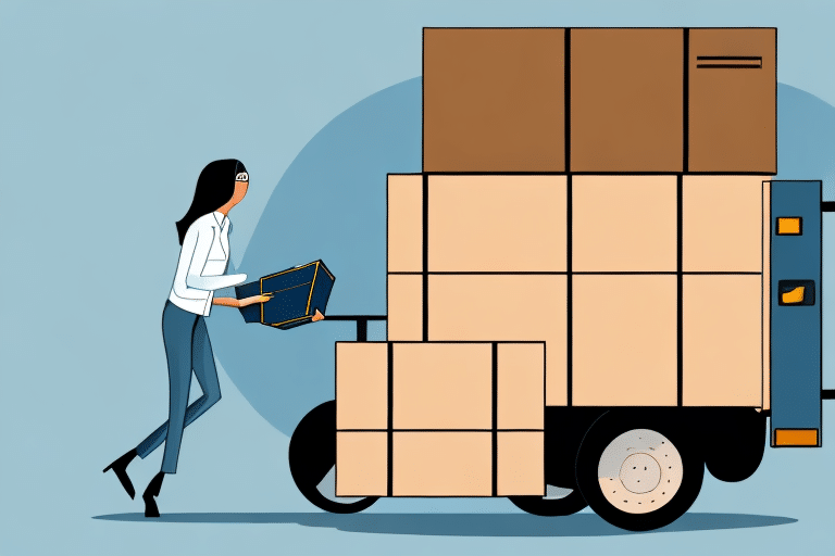 Illustration of a woman in a white shirt and black pants loading a cardboard box onto a dolly next to a large stack of boxes on a UPS truck. The background is a light blue shade, capturing the essence of efficiency and precision typical of the UPS Broker Select Option service.