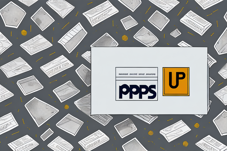 A digital rendering features a central rectangle with PPPS in bold blue letters next to an orange square with UP in black. The background is a pattern of gray sketches of various retro-styled electronic devices, subtly hinting at Understanding UPS Shipping through its vintage charm.