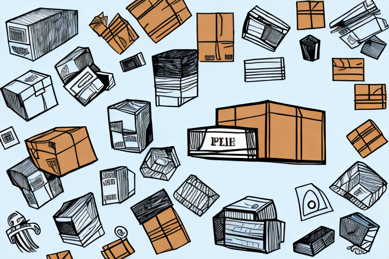 Illustration of various packages and boxes scattered on a light blue background. The boxes, resembling items ready for shipping, are in different shapes and sizes, some with labels like UPS Book Rates, others open or closed. A partially visible word PILE is on one of the boxes.