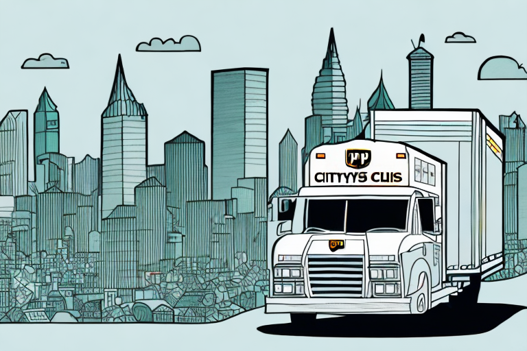 Illustration of a delivery truck labeled CITYYS CUS navigating through a bustling cityscape. Skyscrapers rise into the cloudy sky, highlighting an urban environment with UPS Delivery Area Surcharge prominently featured on billboards along its path.