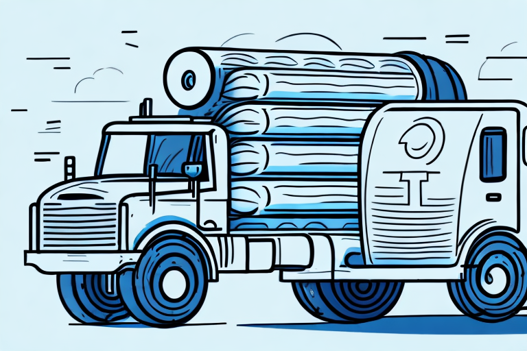 A stylized illustration shows a truck with oversized tires carrying a large stack of rolled-up newspapers. With bold outlines and shades of blue, the cartoon-like vehicle navigates through a simple light blue background, cleverly hinting at UPS shipping capabilities without overt reference.