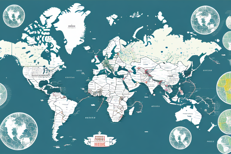 Vintage-style illustrated world map with a teal background, featuring major continents and countries labeled for easy reference. Globe insets adorn the corners, highlighting different regions. Perfect for those who love exploring, it’s inspired by the classic Look Up UPS Zone navigation system.