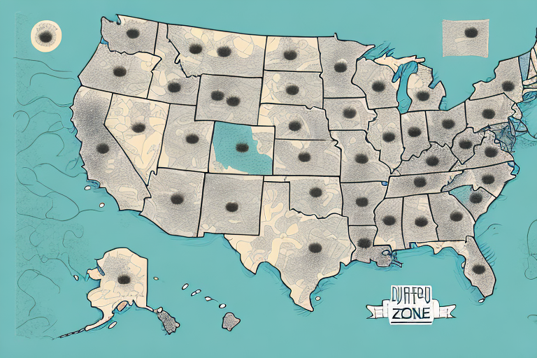 A slightly abstract map of the United States features a teal background with 25 black dots scattered across different states, each marking a Duffel Zone. This creative design echoes elements of a UPS Zones Chart, offering a unique twist on traditional shipping zone visuals.