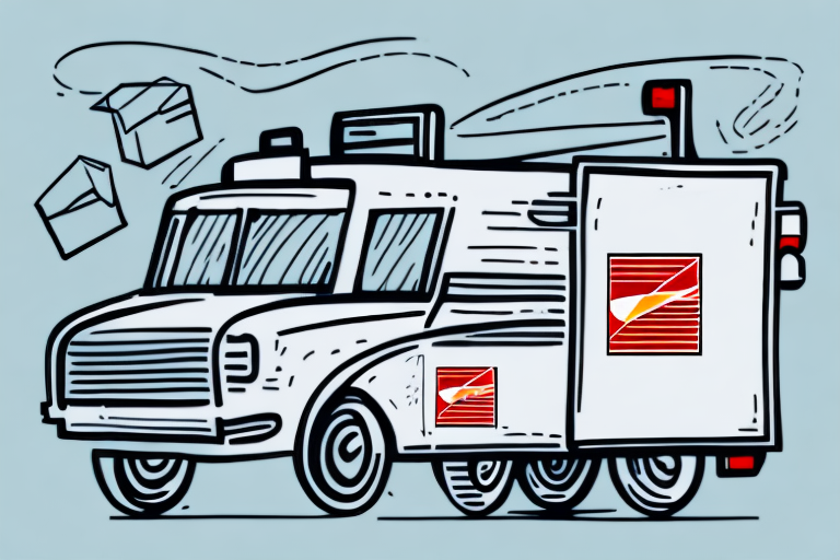 Illustration of a stylized postal delivery truck in motion with parcels floating around it, hinting at the speedy service of USPS Media Mail. The truck features a prominent red and white logo on its side. The light blue background adds a dynamic and whimsical feel to the scene.