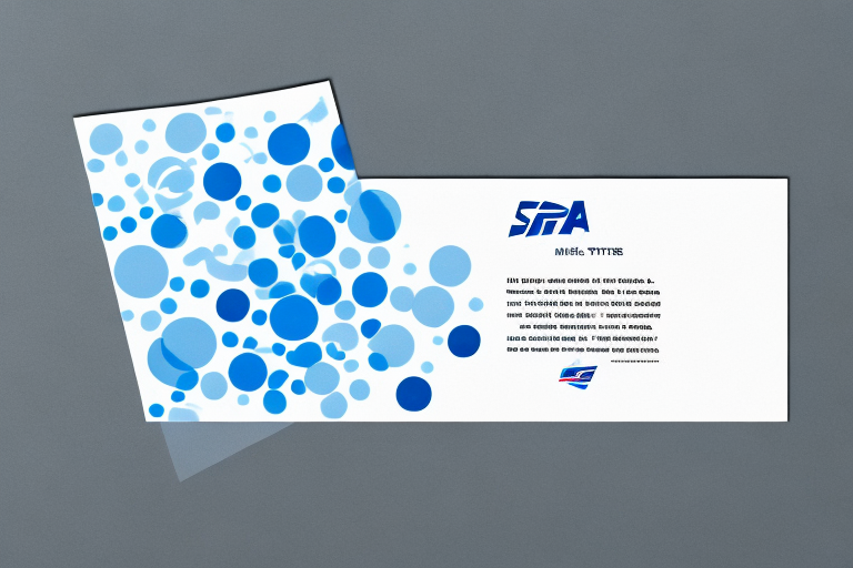 A modern brochure, resembling a postcard mailing, features blue circles on the left and text on the right. The SPA logo tops it off. With diverse fonts conveying information alongside a graphic in the bottom right, it maintains USPS guidelines against a sleek grey background.