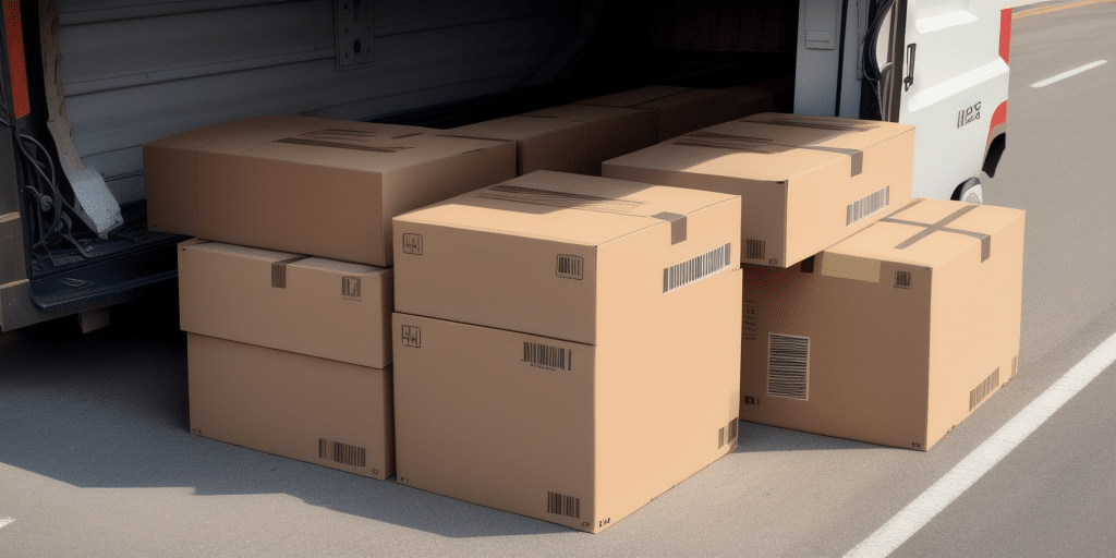 A group of cardboard boxes stacked neatly at the back of an open delivery van in a parking lot, ready for unloading or transportation, reminiscent of the organization one achieves using UPS WorldShip.