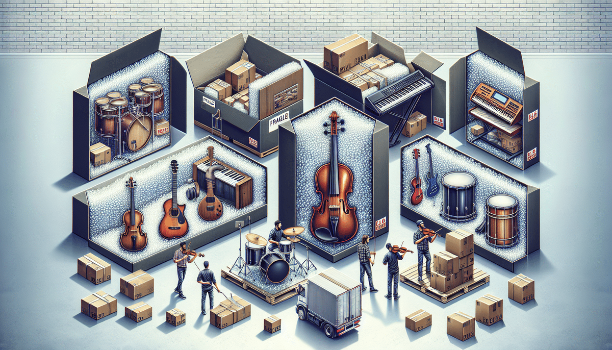 Illustration of people assembling musical instruments from large boxes, like drums, violins, keyboards, and a cello. Following UPS guidelines for shipping these prized items, various cardboard boxes and pallets are scattered around against a brick wall backdrop.