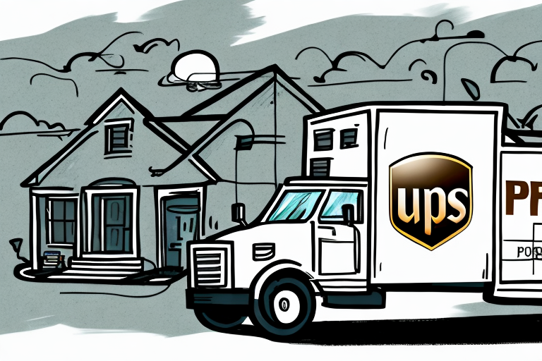 A UPS delivery truck is parked in front of a suburban house, ready to deliver packages. The sketchy scene features a cloudy sky and birds, hinting that the driver is double-checking to ensure its not the wrong address.