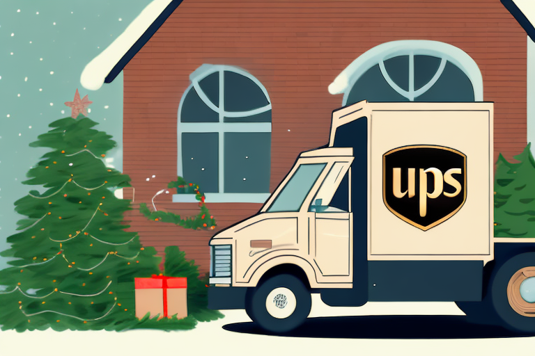 A UPS delivery truck is parked in front of a snow-covered brick house adorned with festive decorations. Brightly lit Christmas trees and a wrapped gift set the holiday atmosphere, while UPS employees ensure timely deliveries during the season when holidays off are rare.