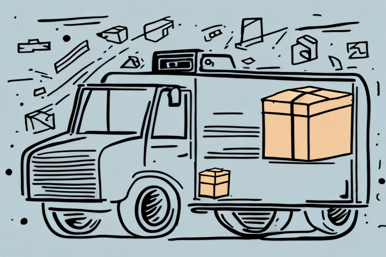 Illustration of a UPS delivery truck with boxes. The truck is moving to the right, with multiple packages floating around, suggesting motion and efficient delivery service. The background is a light blue.