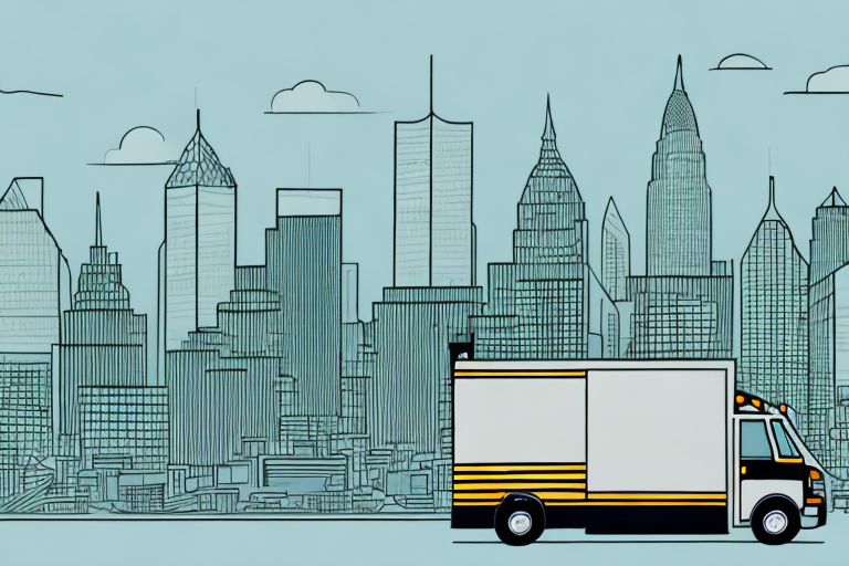 Illustration of a UPS delivery truck with yellow and black stripes set against a stylized city skyline. Skyscrapers and clouds are sketched in the background on a light blue canvas, capturing the essence of reliable UPS Saturday Delivery amidst an urban backdrop.