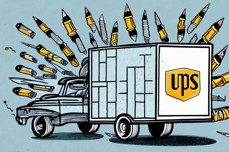 A vintage UPS truck with wooden panels is illustrated, surrounded by large ink pens and pencils dynamically flying outward. The lively scene echoes the precision of UPS shipping ammunition, blending artistry with functionality in a unique visual tale.