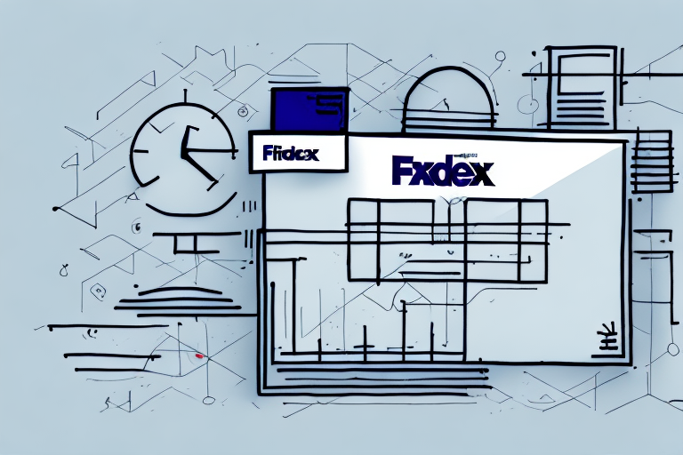 A modern, abstract illustration features overlapping rectangles, lines, and a large clock. The words Fxdex and Fdex appear on two rectangles. The design resembles the dimensions of a FedEx Extra Large Box in a blue and white color scheme on a light gray background.