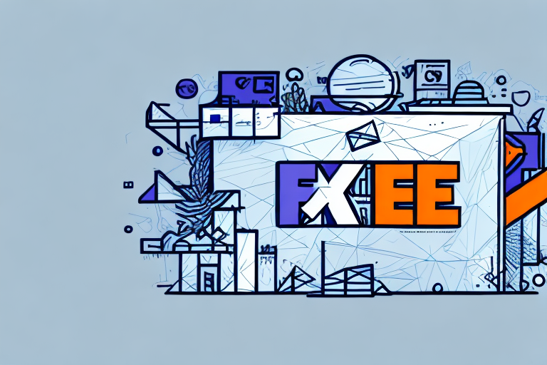 Abstract illustration featuring various geometric shapes and architectural elements surrounding the central text FXEE in bold blue and orange letters, reminiscent of FedEx box size proportions, set against a light blue background.