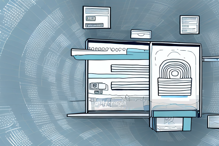 A digital illustration of a futuristic interface with overlapping documents, charts, and a central screen displaying a stacked circular diagram. The background features geometric patterns in shades of blue, highlighting the significance of an arrival scan in a high-tech environment.