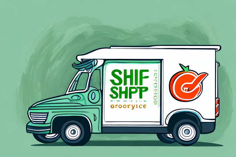 Illustration of a delivery truck with a green and white design featuring a stylized peach logo. The truck bears the words SHIP SHOP and groceries written in green, symbolizing the meaning of efficient drop-off services by Shipt against a light green backdrop.