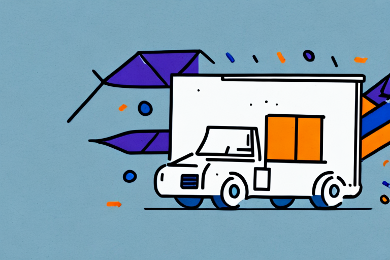 An illustration of a FedEx delivery truck on a blue background is surrounded by abstract geometric shapes in purple, orange, and blue. The white truck, featuring minimalistic lines and an orange window, hints at the efficient service where an indirect signature may be required.