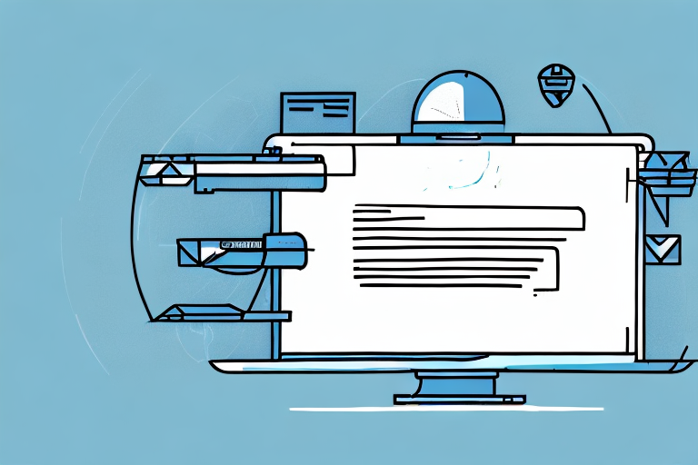 Stylized illustration of a computer screen on a blue background, surrounded by digital elements like envelopes, documents, and graphs. This visual narrative offers a comprehensive guide to online communication and data management, capturing the essence of todays digital ecosystem.