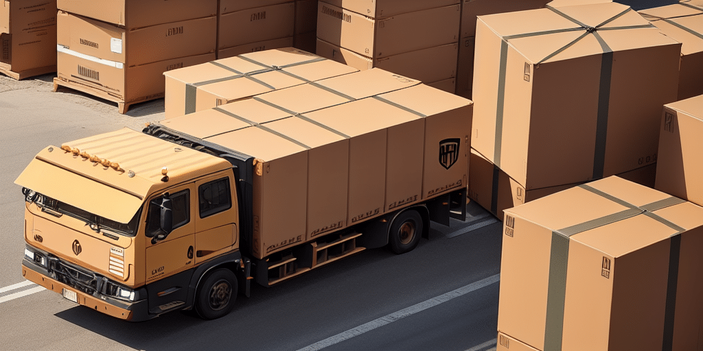 A truck designed to resemble a large cardboard box drives down a road, surrounded by other oversized cardboard box-like structures. The boxes are neatly arranged, displaying an optical illusion of gigantic packaging—much like a whimsical UPS WorldShip come to life at the end of the day.