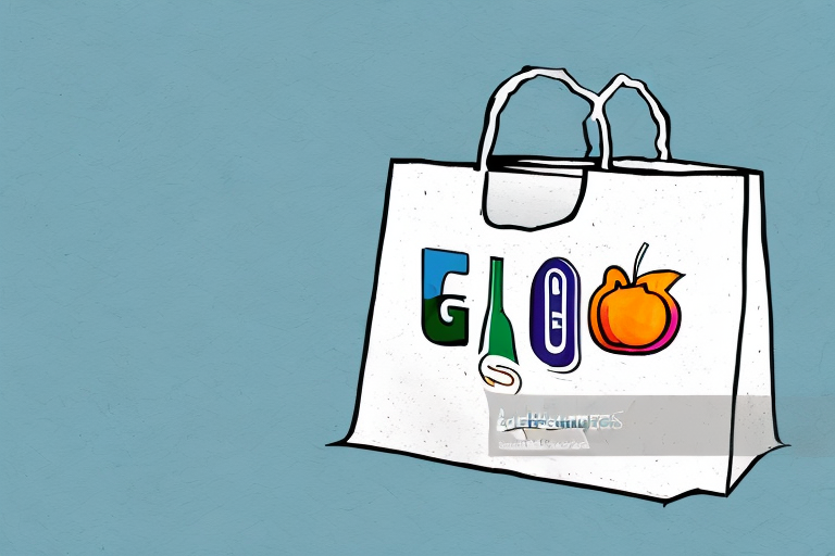 A paper bag with the word GLOO in colorful, playful letters, featuring images of a bottle and a fruit, is set against a plain blue background. This design could easily be seen at any Shipt drop-off point, blending creativity with convenience.