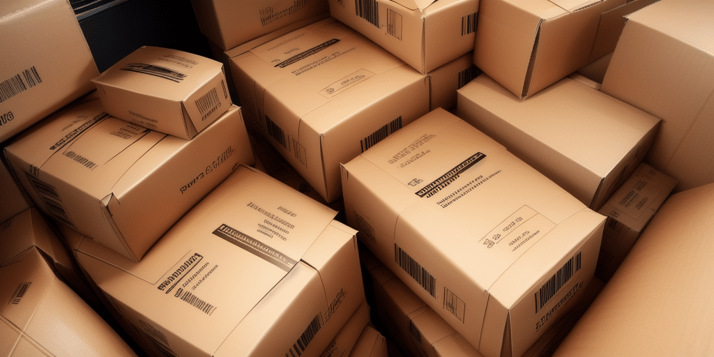 A large pile of cardboard boxes, laden with UPS shipping labels and barcodes, stacked closely together. They are arranged in a seemingly disorganized manner, filling the entire frame—clear evidence of a busy day at the shipper release dock.