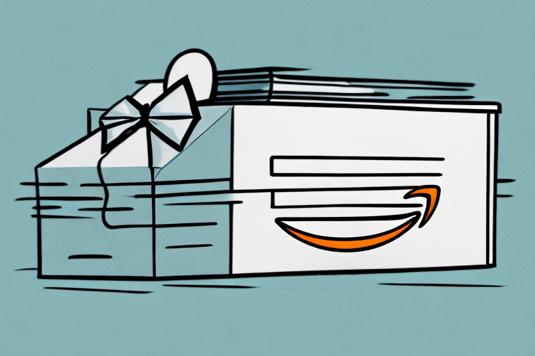 Illustration of a gift-wrapped Amazon package with a large orange Amazon logo and an oversized bow on top. The background is a solid aqua color, symbolizing the ease of an incorrect item return within the Amazon Return Policy.