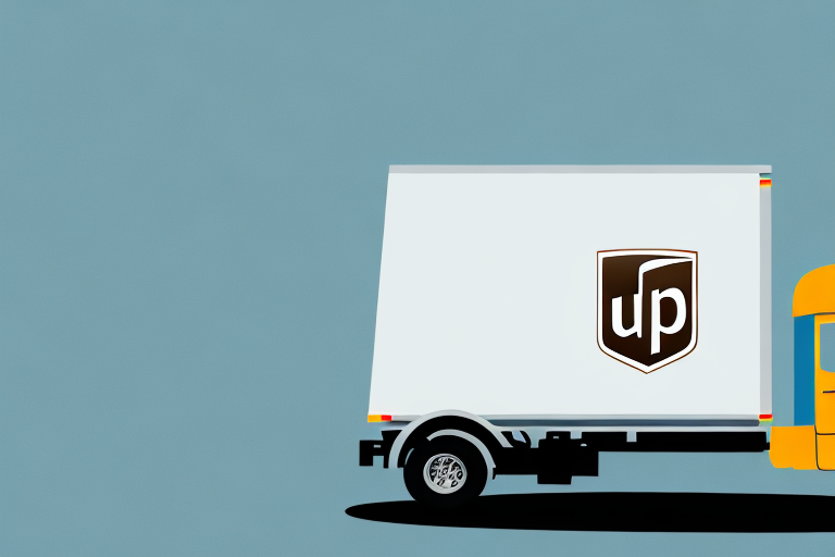 A delivery truck with a white cargo area against a blue background promotes UPS SurePost. The side of the truck features a logo with the letters up inside a shield, showcasing its shipping service. The front cab is partially visible, painted in yellow.