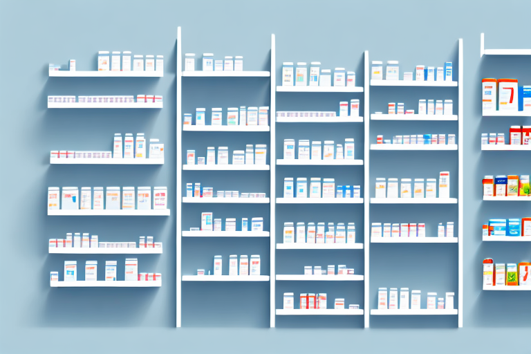 A retail pharmacy shelf filled with various medicine boxes and bottles is organized neatly against a light blue background.