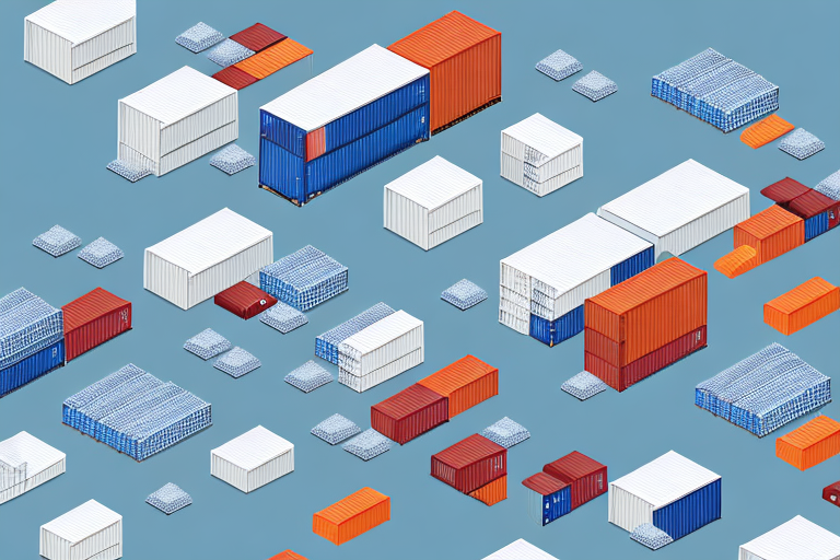 Aerial view of a clustered arrangement of shipping containers in various sizes and colors, including white, blue, red, and orange, set against a light blue background—a vivid snapshot for your Inbound Shipping Guide.