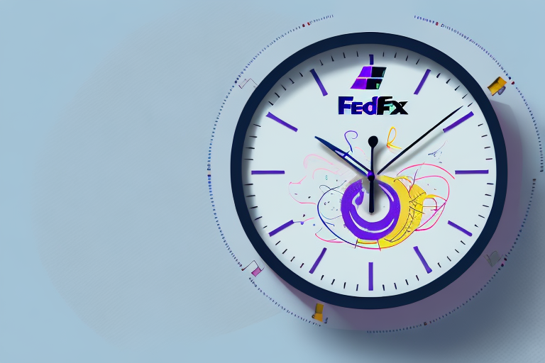 The wall clock features purple hour marks and the FedEx logo in blue and orange on a white face. Colorful abstract lines adorn the center, while small icons surround it, reminding you of those crucial cut-off times for FedEx Overnight services. The background is a soothing light blue.