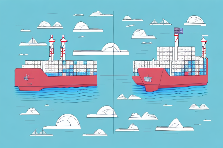 Illustration of two large red carrier ships at sea, each loaded with white containers. The sky is blue with stylized white clouds. One ship has two red and white smokestacks, while the other differs with three. Small boats are in the background, enhancing the scenes charm.