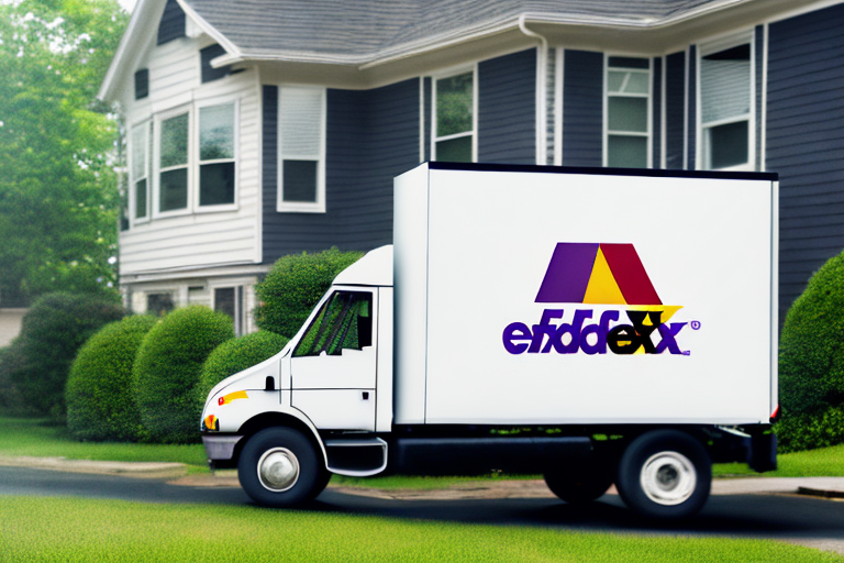 A FedEx delivery truck, with its logo prominently displayed, is parked in front of a charming suburban home with hedges and a lush lawn. The house, painted dark gray with white trim, seems puzzled by the delivery mishap as the driver inadvertently delivers to the wrong address.