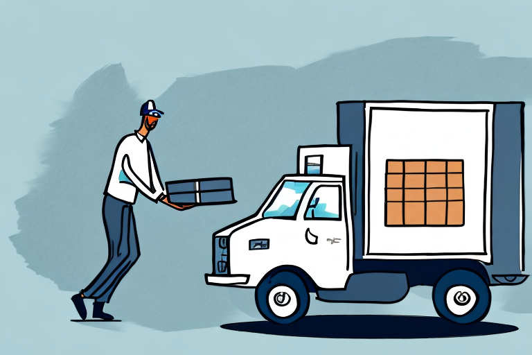 Illustration of a delivery person in a uniform and cap, carrying an Amazon order towards a white delivery truck with a grid pattern on the side. The background is a textured blue.